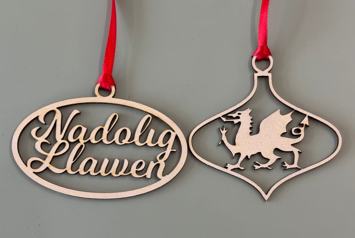 Welsh wooden Christmas decorations