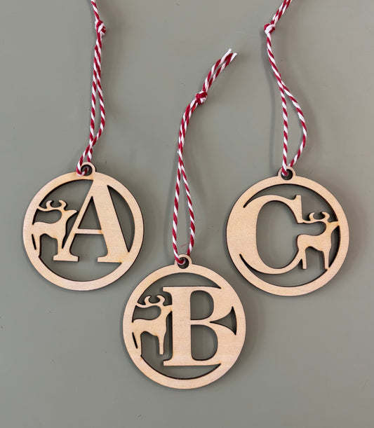 Initial with deer bauble wooden decoration
