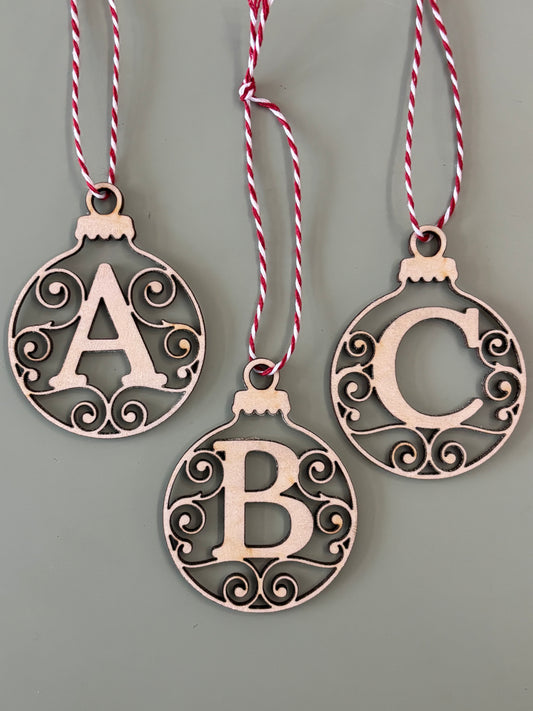 Initial swirl bauble wooden decoration