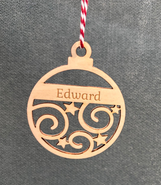 Personalised wooden swirl and stars bauble