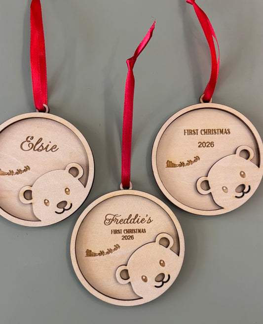 Peeping Bear wooden Christmas decorations