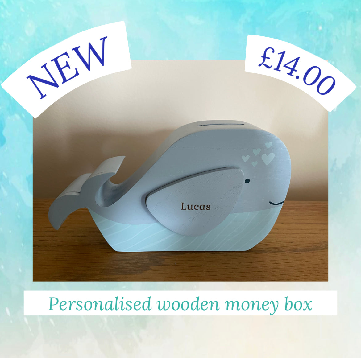 Engraved personalised wooden whale money box