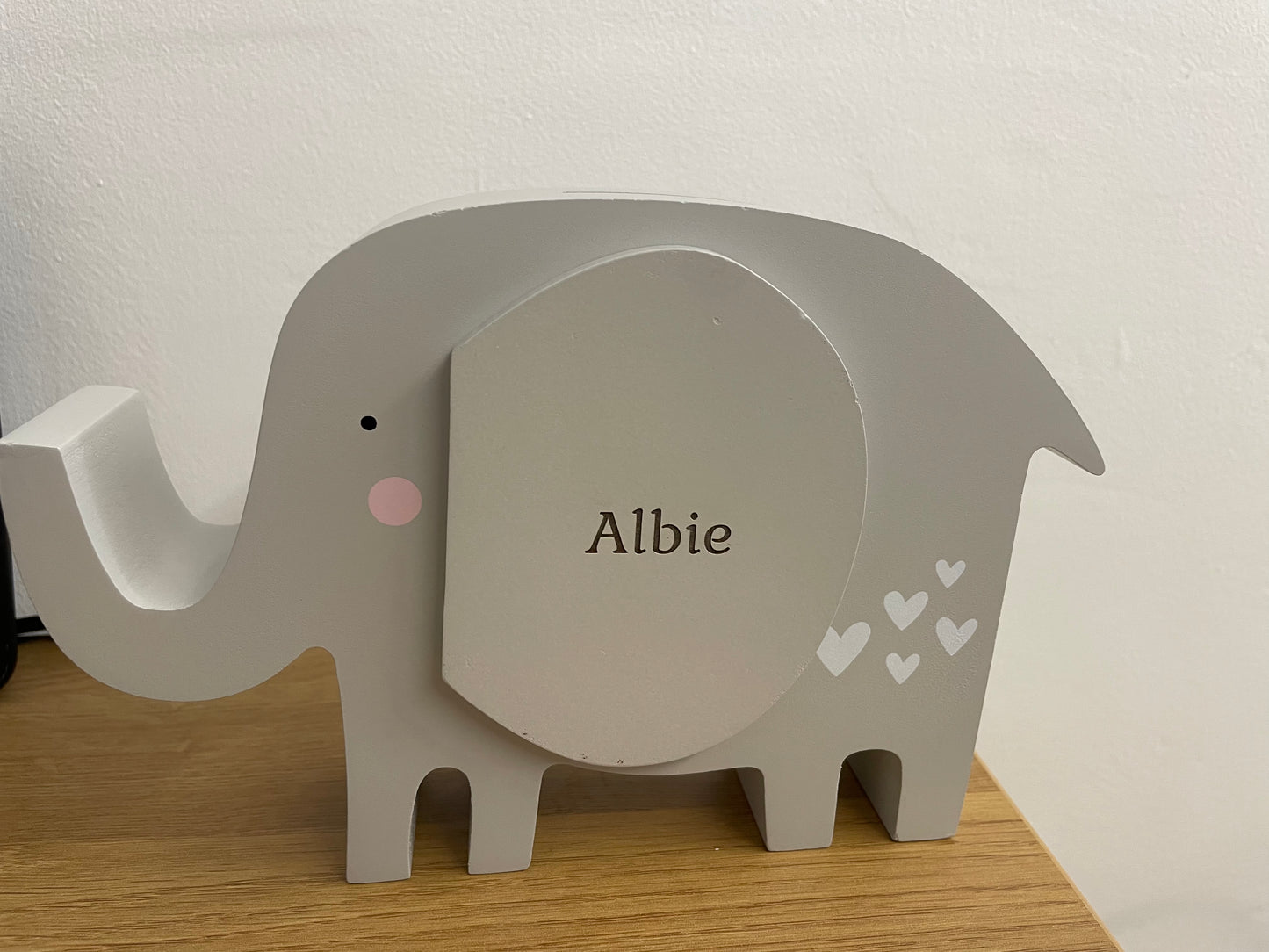 Engraved personalised wooden elephant money box
