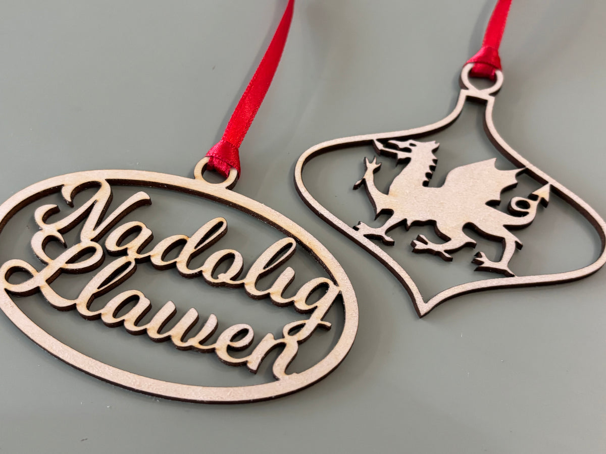 Welsh wooden Christmas decorations