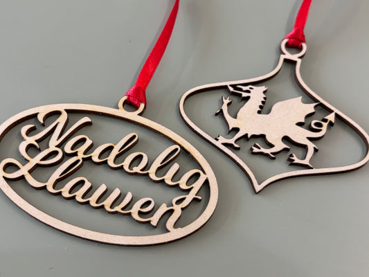 Welsh wooden Christmas decorations