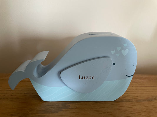 Engraved personalised wooden whale money box